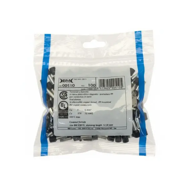 BM Insulated Wire Ferrules 6mm² x 20mm Black 500pcs
